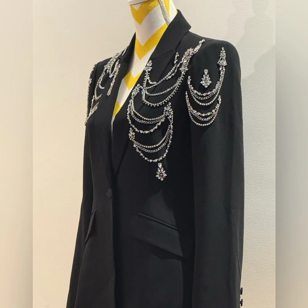 Cinq à Sept Cheyenne Rhinestone-Chain Crepe Black Blazer - Picture 2 of 7